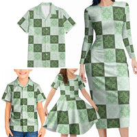 Sage Green Manta Ray Hawaiian Quilt Motif Family Matching Long Sleeve Bodycon Dress and Hawaiian Shirt