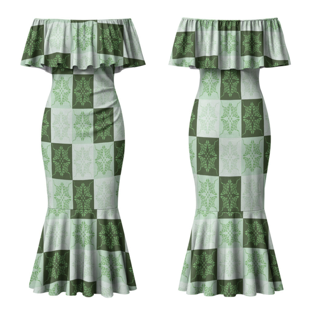 Sage Green Manta Ray Hawaiian Quilt Motif Family Matching Mermaid Dress and Hawaiian Shirt