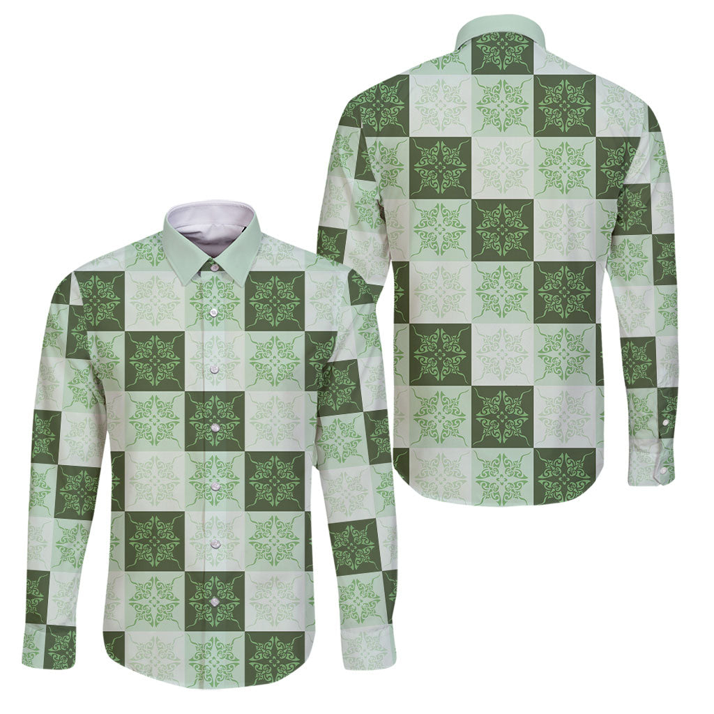 Sage Green Manta Ray Hawaiian Quilt Motif Family Matching Mermaid Dress and Hawaiian Shirt