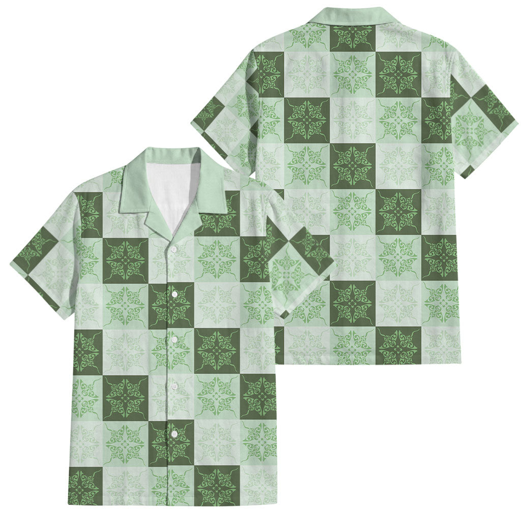 Sage Green Manta Ray Hawaiian Quilt Motif Family Matching Off The Shoulder Long Sleeve Dress and Hawaiian Shirt