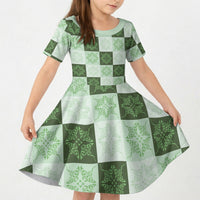 Sage Green Manta Ray Hawaiian Quilt Motif Kid Short Sleeve Dress