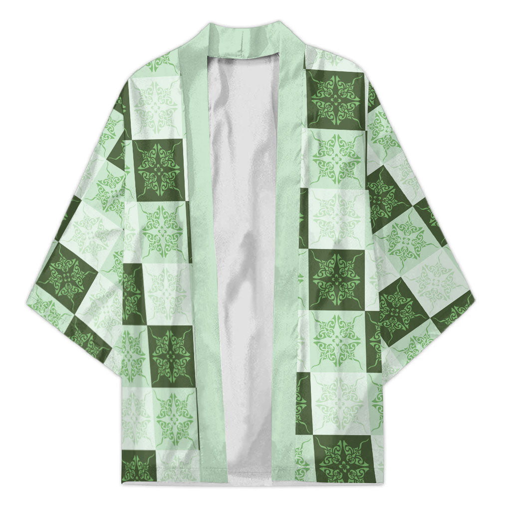 Sage Green Manta Ray Hawaiian Quilt Motif Kimono