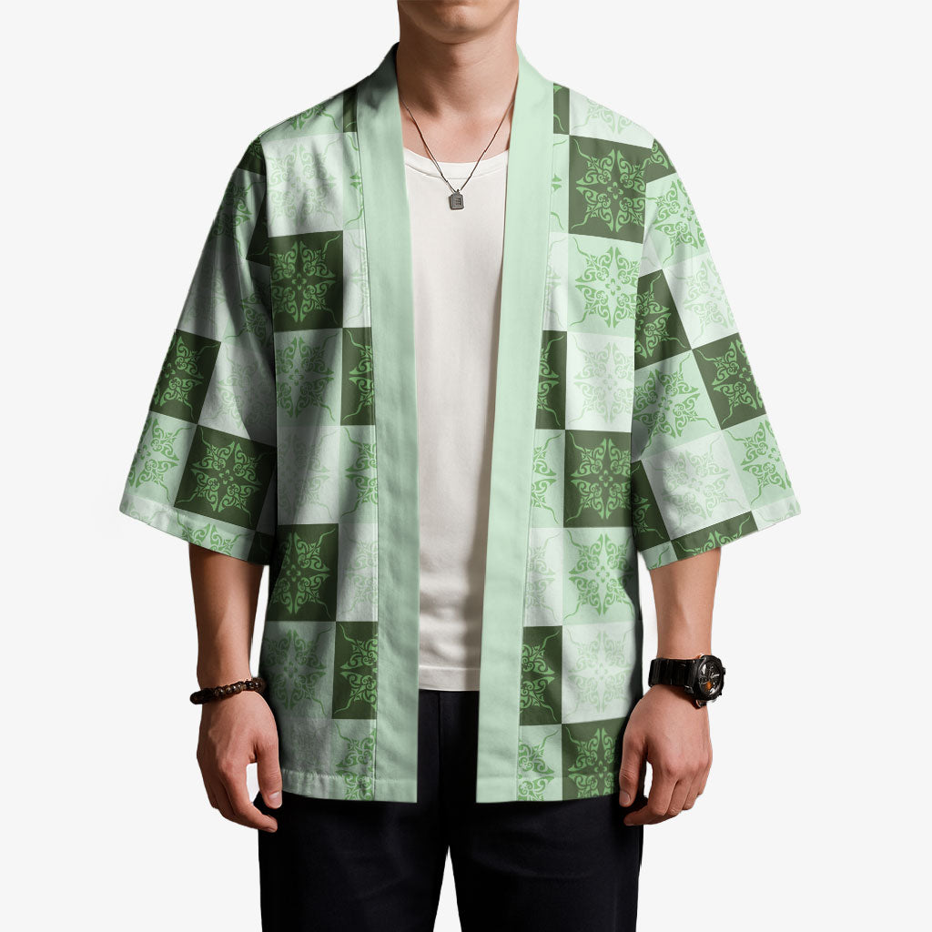 Sage Green Manta Ray Hawaiian Quilt Motif Kimono