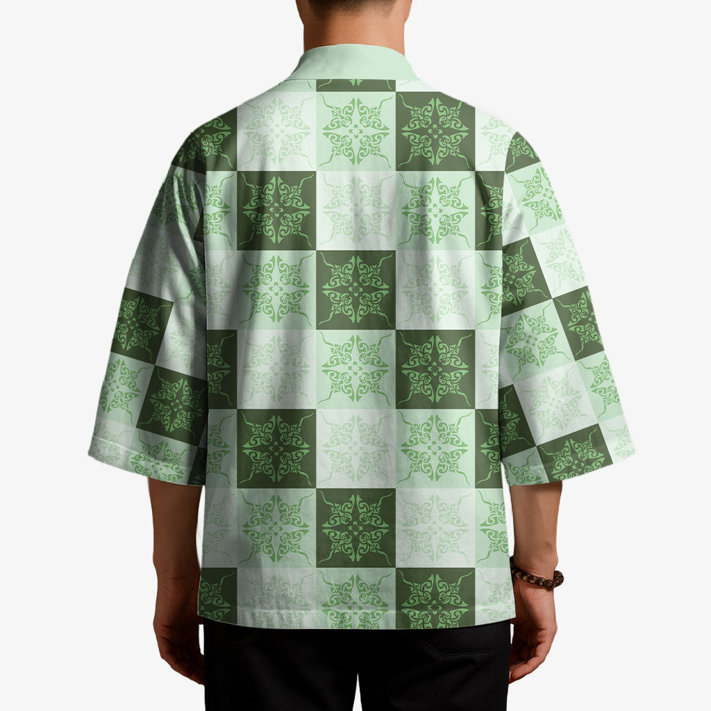 Sage Green Manta Ray Hawaiian Quilt Motif Kimono
