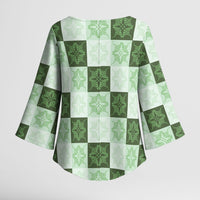 Sage Green Manta Ray Hawaiian Quilt Motif Kimono Sleeve Blouse