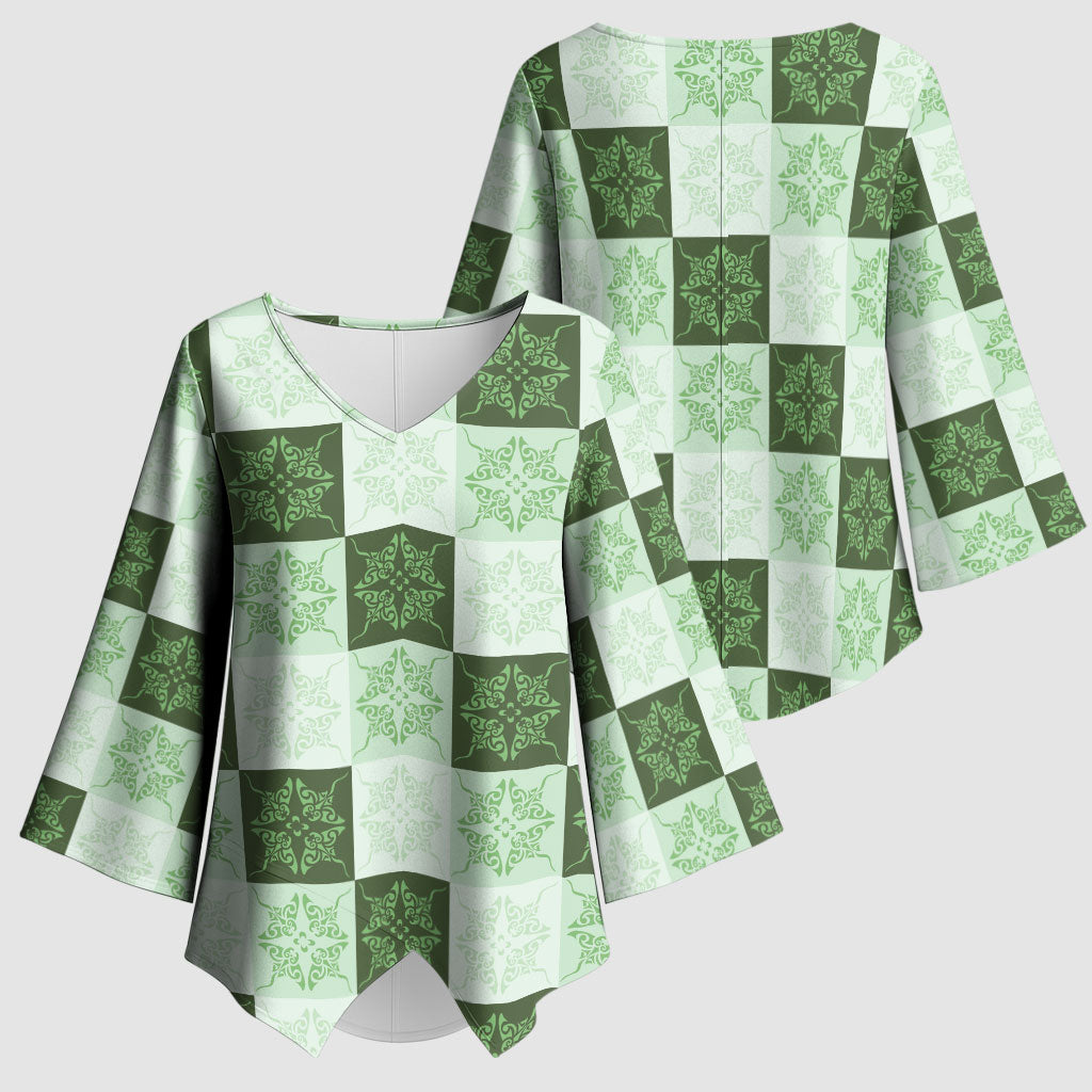 Sage Green Manta Ray Hawaiian Quilt Motif Kimono Sleeve Blouse
