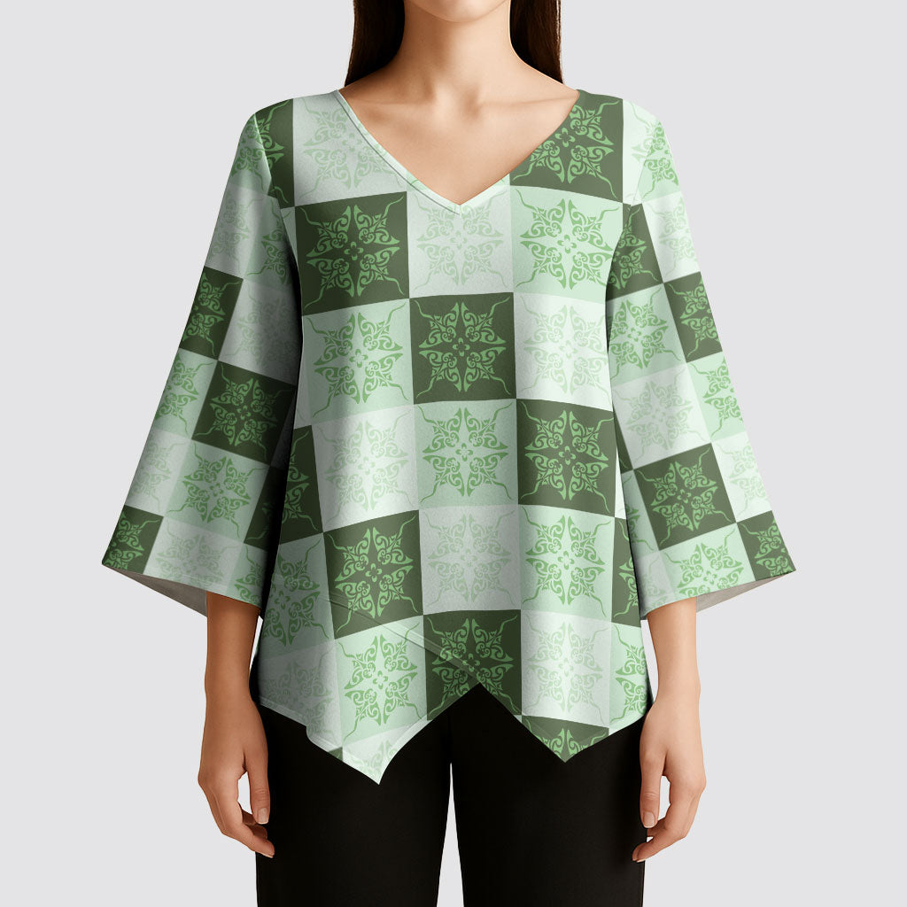 Sage Green Manta Ray Hawaiian Quilt Motif Kimono Sleeve Blouse