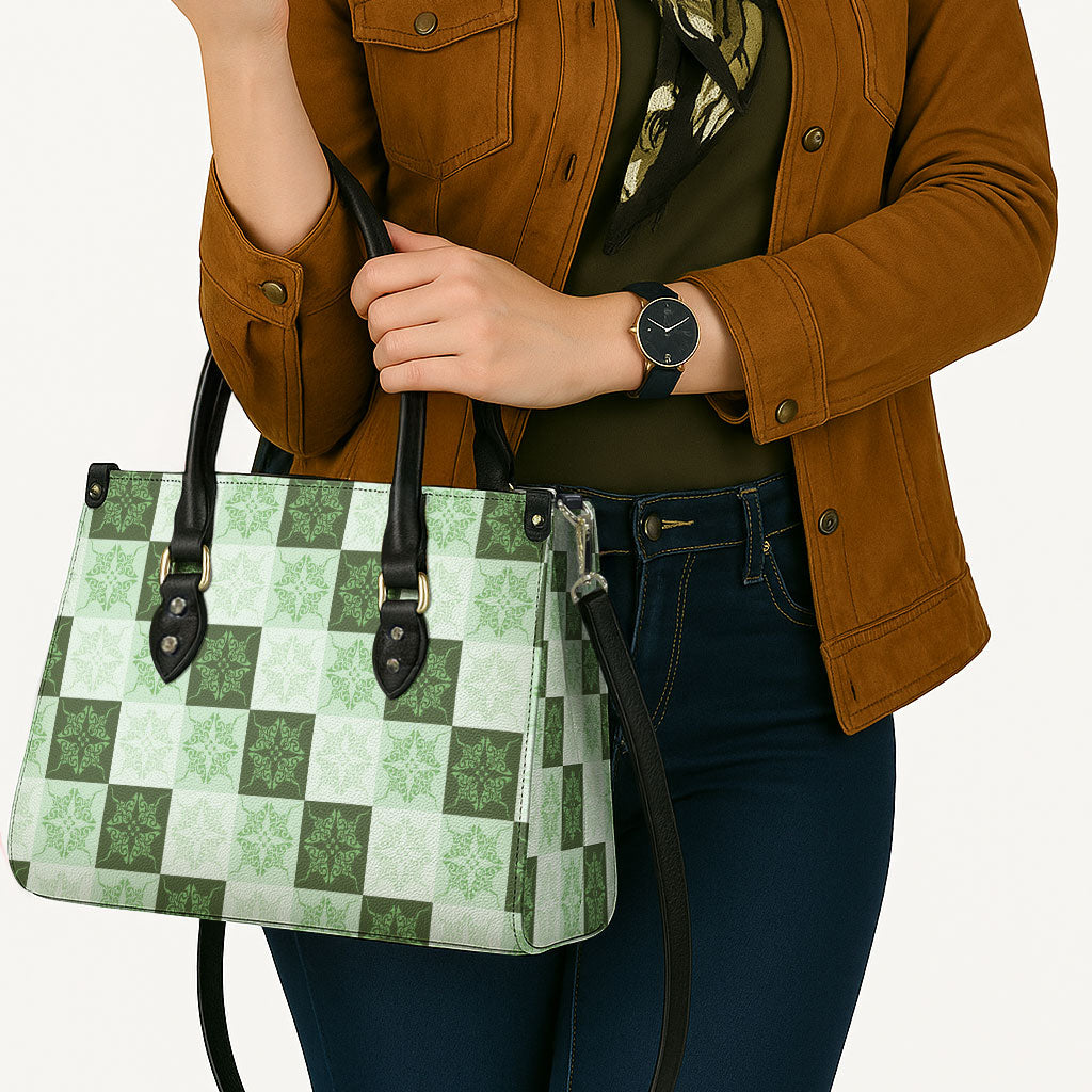 Sage Green Manta Ray Hawaiian Quilt Motif Leather Bag