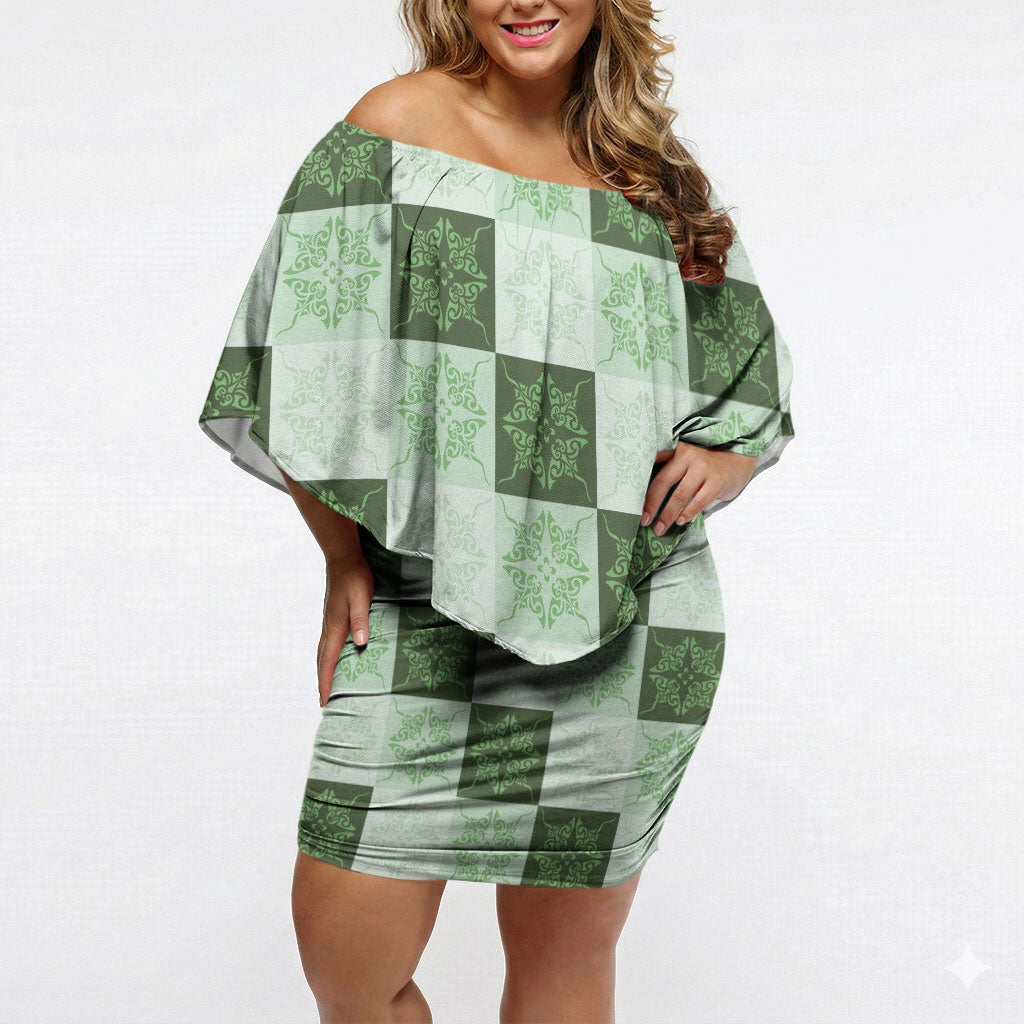 Sage Green Manta Ray Hawaiian Quilt Motif Off Shoulder Short Dress