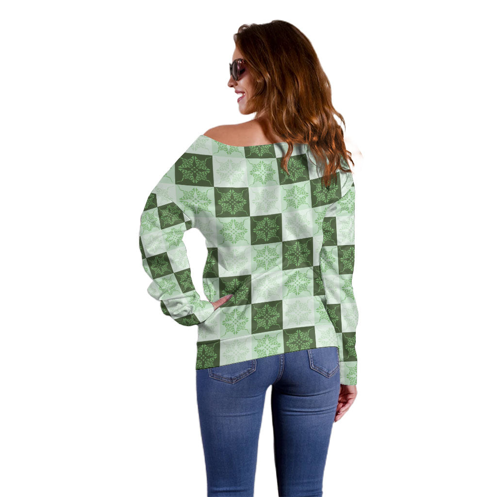 Sage Green Manta Ray Hawaiian Quilt Motif Off Shoulder Sweater