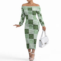 Sage Green Manta Ray Hawaiian Quilt Motif Off The Shoulder Long Sleeve Dress