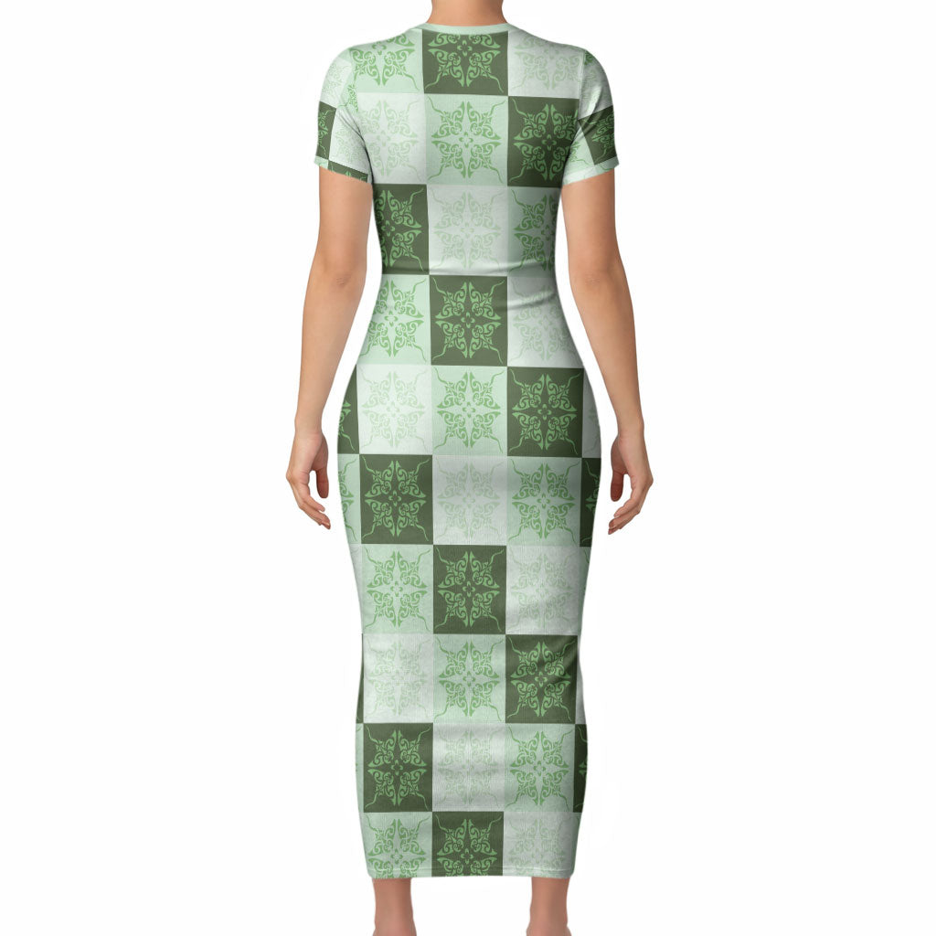 Sage Green Manta Ray Hawaiian Quilt Motif Short Sleeve Bodycon Dress