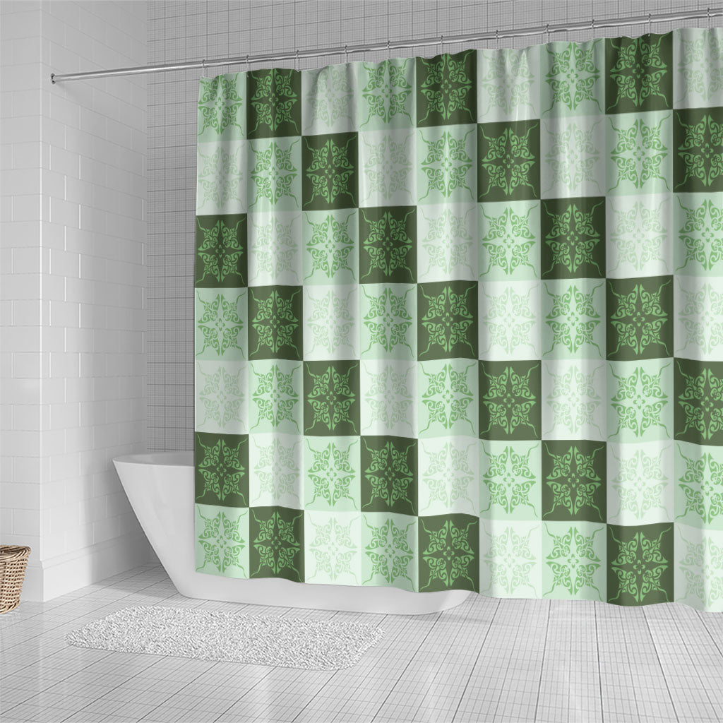 Sage Green Manta Ray Hawaiian Quilt Motif Shower Curtain