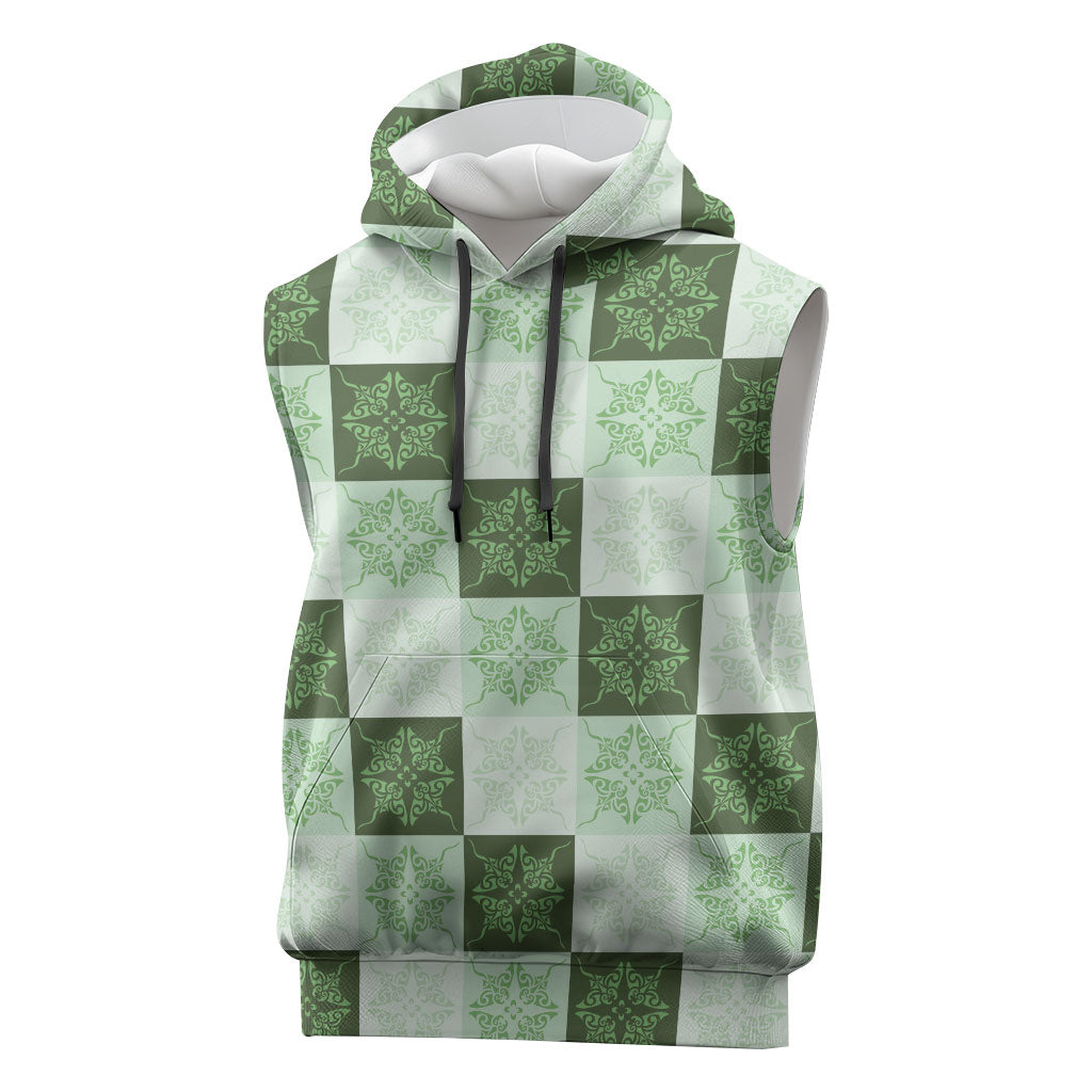 Sage Green Manta Ray Hawaiian Quilt Motif Sleeveless Hoodie