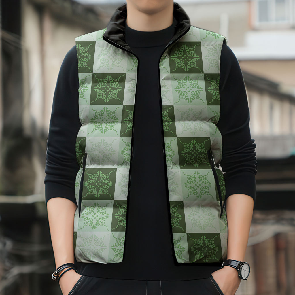 Sage Green Manta Ray Hawaiian Quilt Motif Sleeveless Puffer Jacket