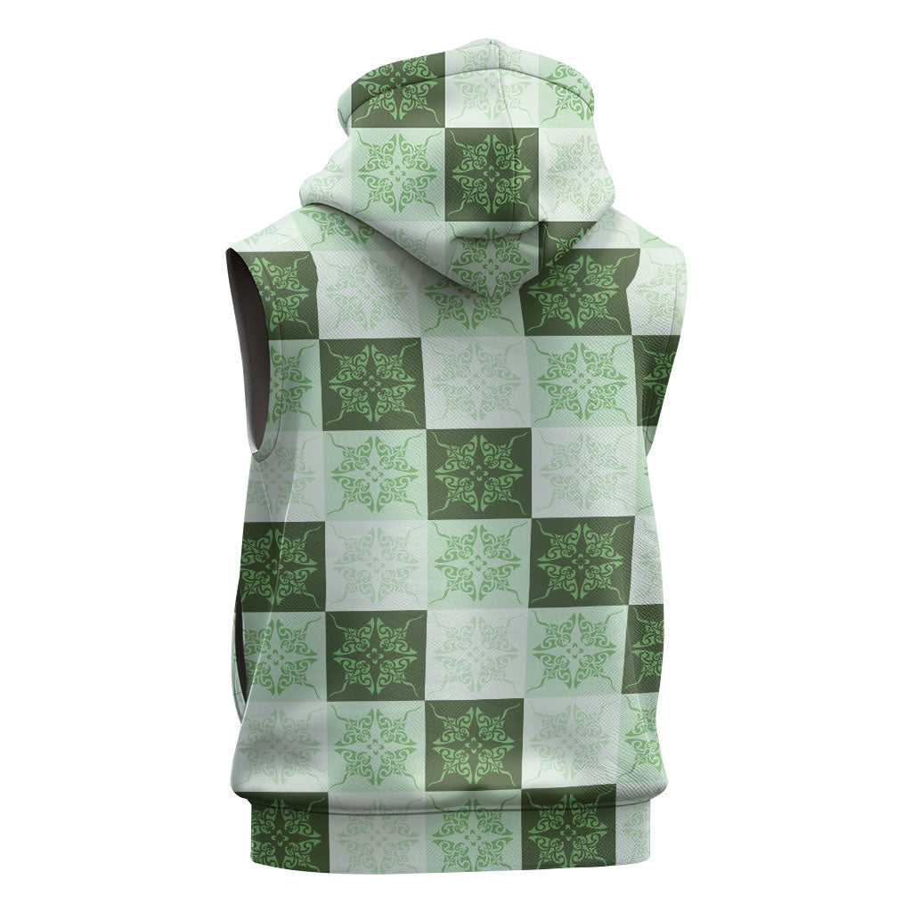 Sage Green Manta Ray Hawaiian Quilt Motif Sleeveless Zip Hoodie