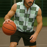 Sage Green Manta Ray Hawaiian Quilt Motif Sleeveless Zip Hoodie