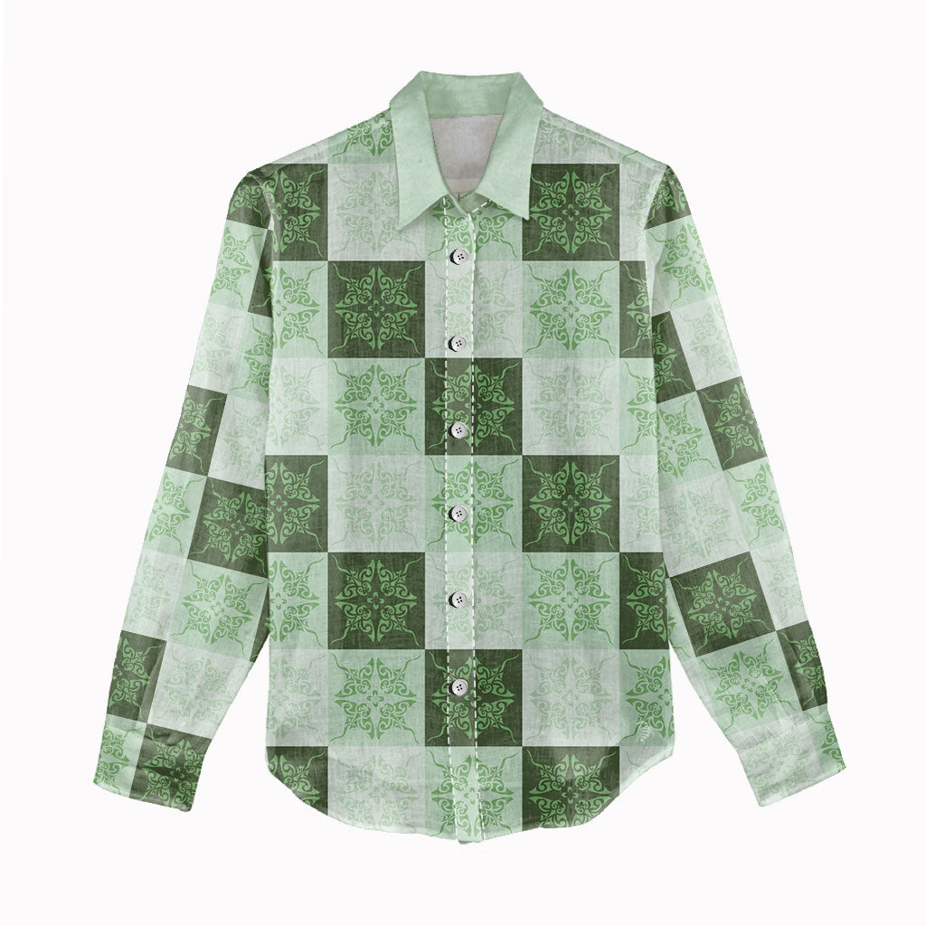 Sage Green Manta Ray Hawaiian Quilt Motif Women Casual Shirt