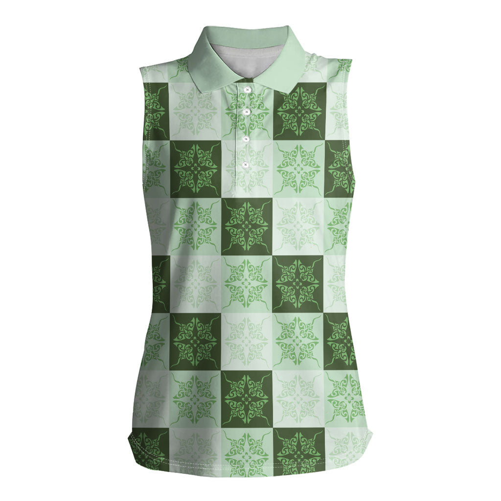 Sage Green Manta Ray Hawaiian Quilt Motif Women Sleeveless Polo Shirt
