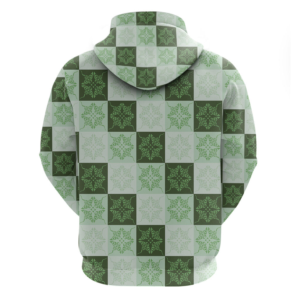 Sage Green Manta Ray Hawaiian Quilt Motif Zip Hoodie