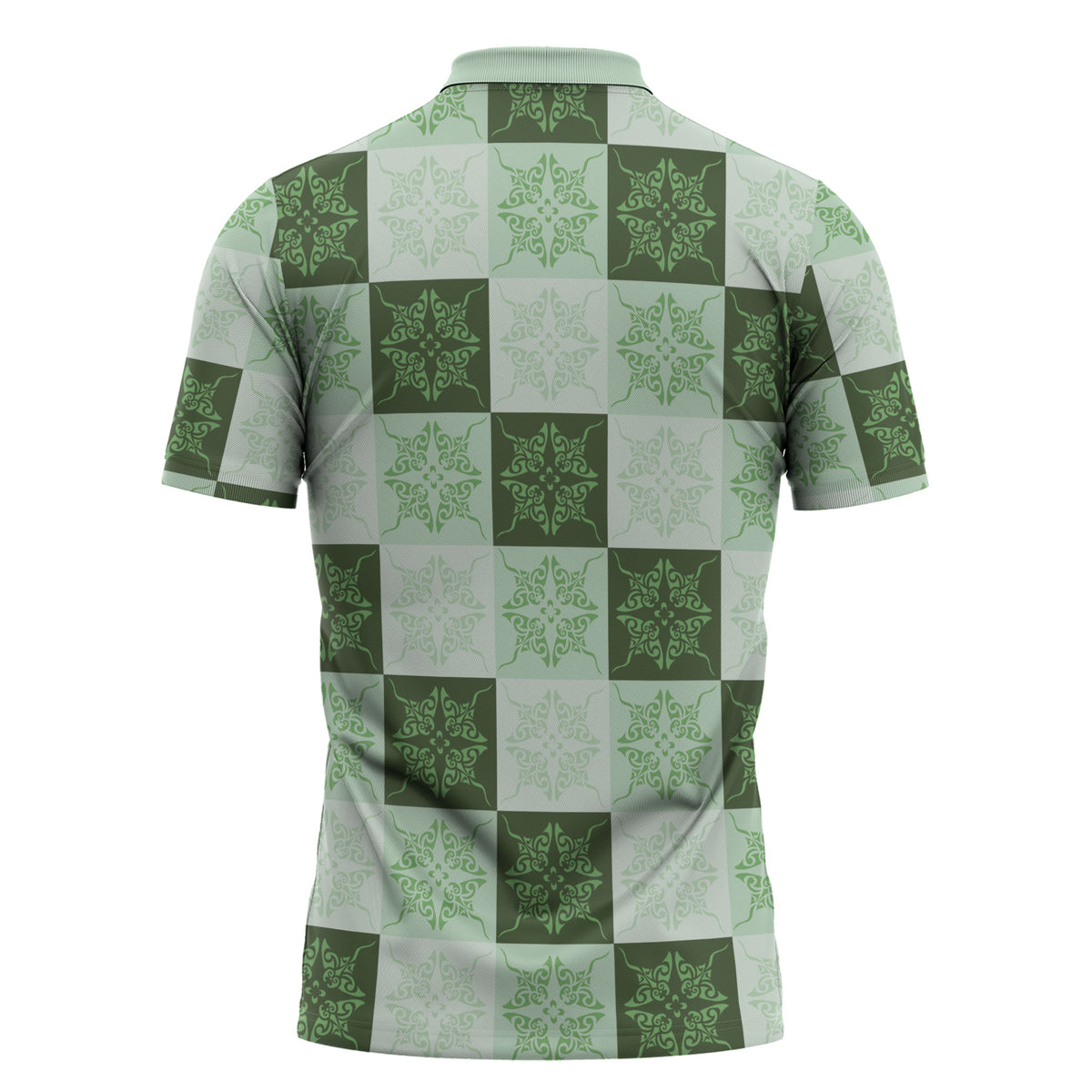 Sage Green Manta Ray Hawaiian Quilt Motif Zipper Polo Shirt