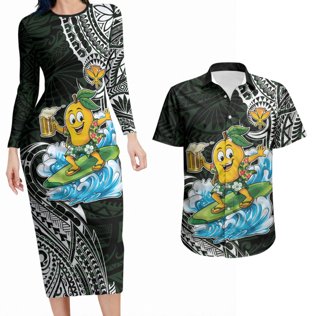 Aloha Hawaii Mango Surfing Couples Matching Long Sleeve Bodycon Dress and Hawaiian Shirt Polynesian Style