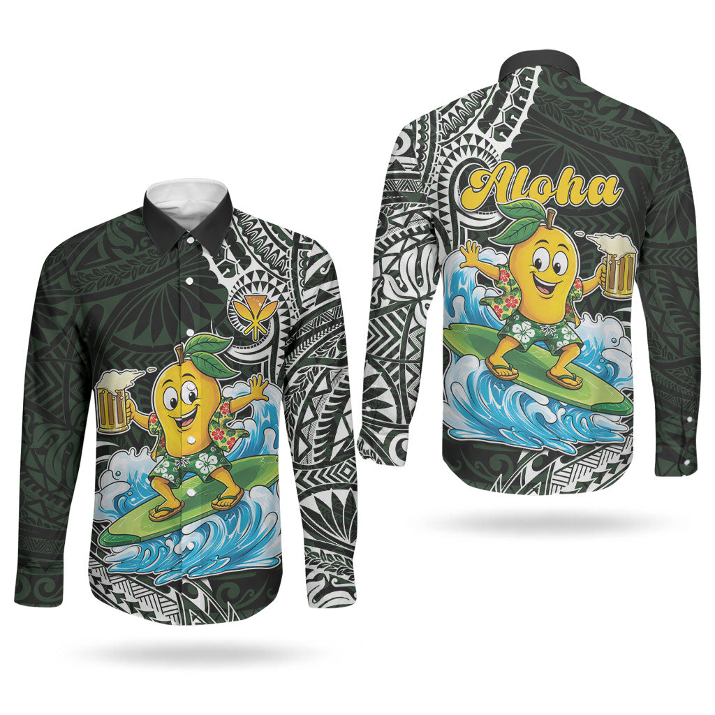Aloha Hawaii Mango Surfing Couples Matching Long Sleeve Bodycon Dress and Long Sleeve Button Shirt Polynesian Style