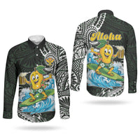 Aloha Hawaii Mango Surfing Couples Matching Mermaid Dress and Long Sleeve Button Shirt Polynesian Style