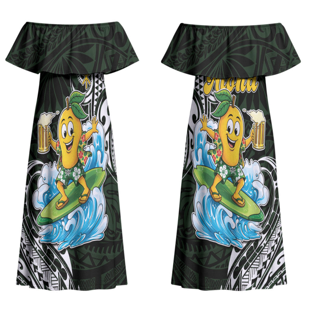 Aloha Hawaii Mango Surfing Couples Matching Off Shoulder Maxi Dress and Hawaiian Shirt Polynesian Style