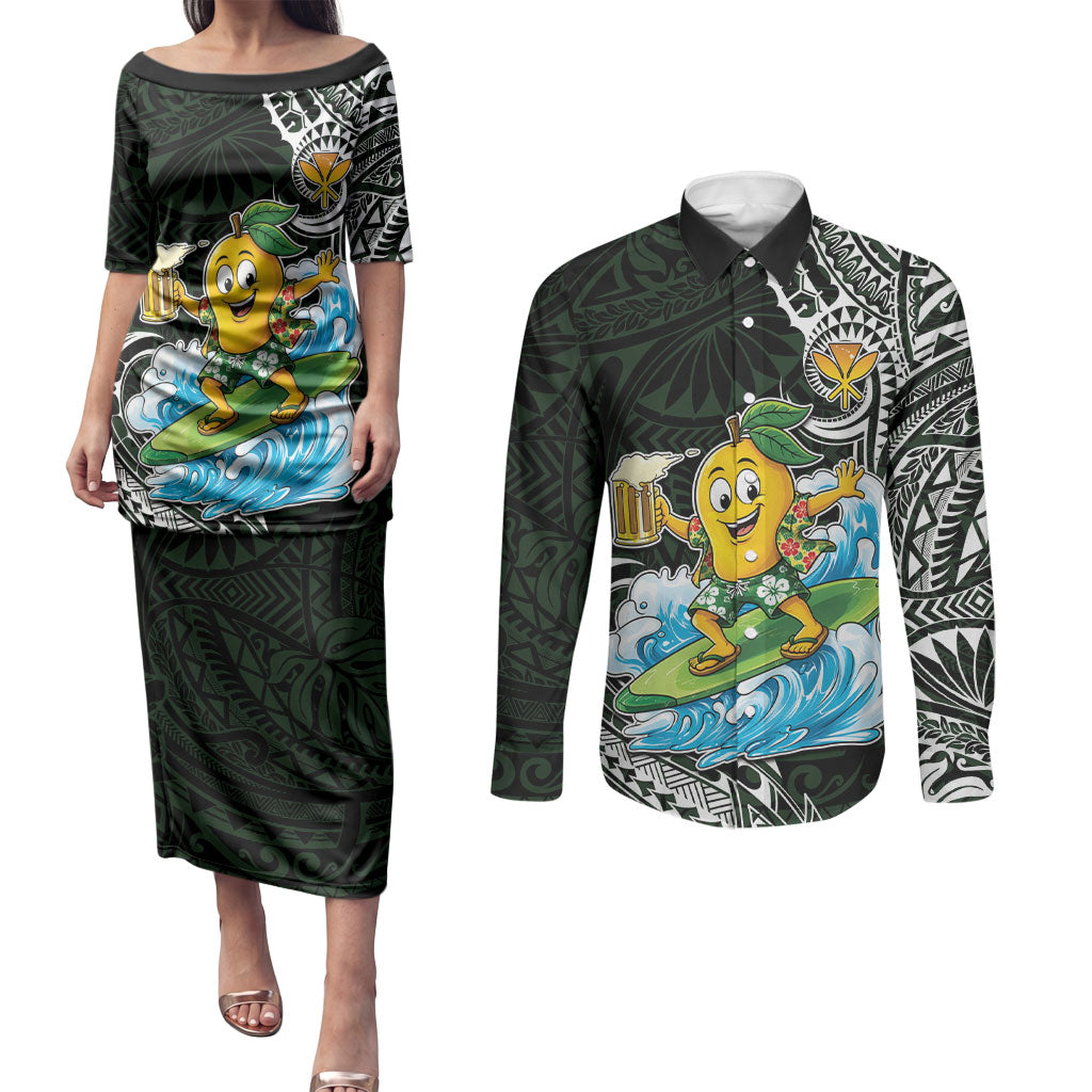 Aloha Hawaii Mango Surfing Couples Matching Puletasi and Long Sleeve Button Shirt Polynesian Style
