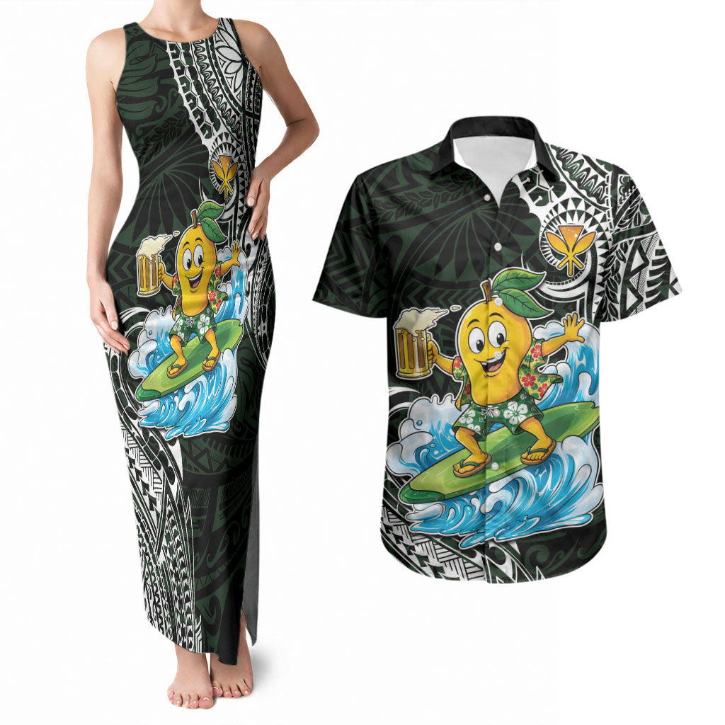 Aloha Hawaii Mango Surfing Couples Matching Tank Maxi Dress and Hawaiian Shirt Polynesian Style