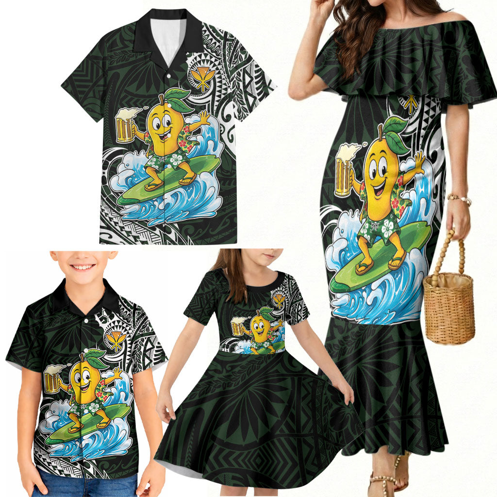 Aloha Hawaii Mango Surfing Family Matching Mermaid Dress and Hawaiian Shirt Polynesian Style