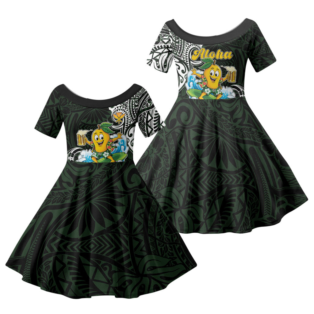 Aloha Hawaii Mango Surfing Family Matching Off Shoulder Short Dress and Hawaiian Shirt Polynesian Style