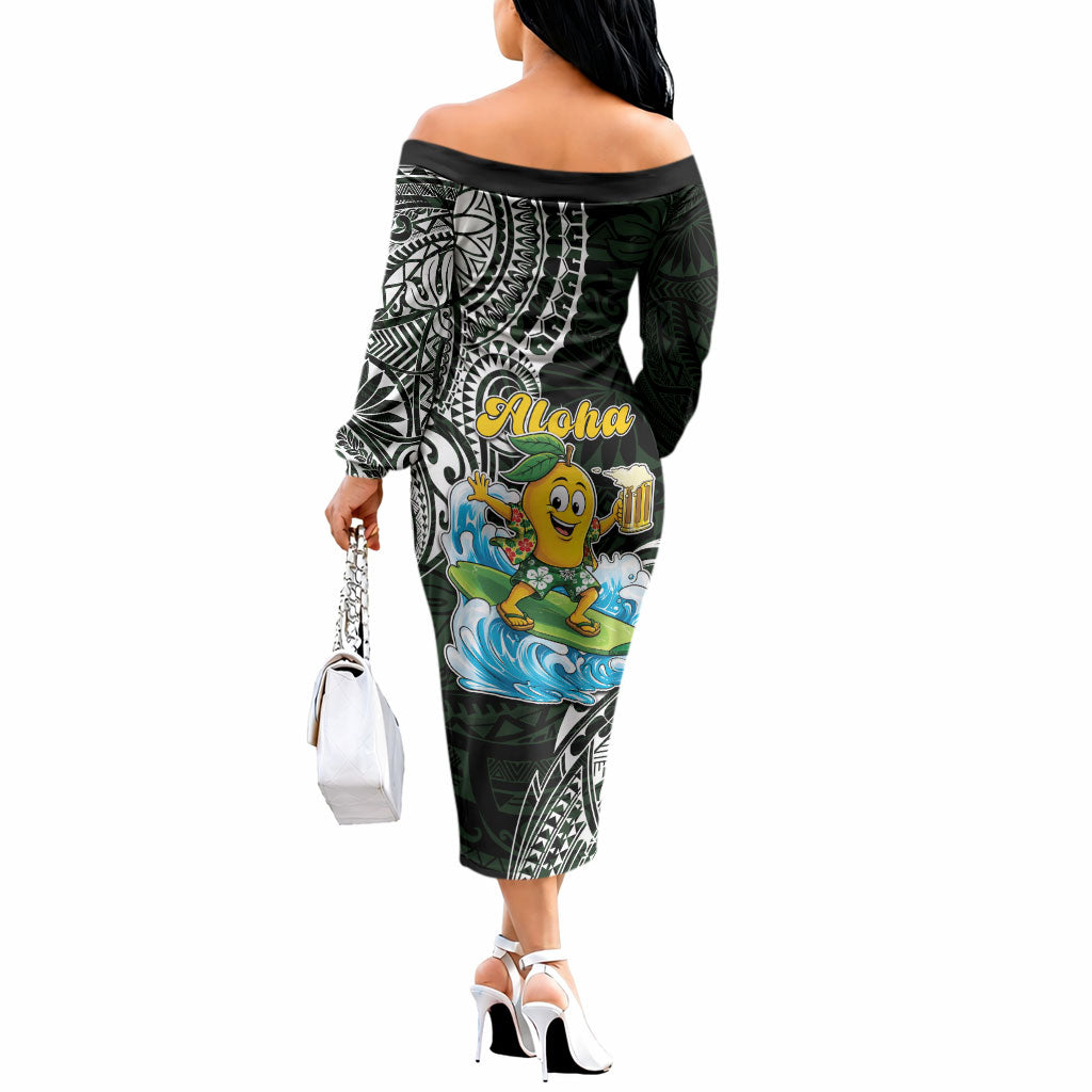 Aloha Hawaii Mango Surfing Off The Shoulder Long Sleeve Dress Polynesian Style