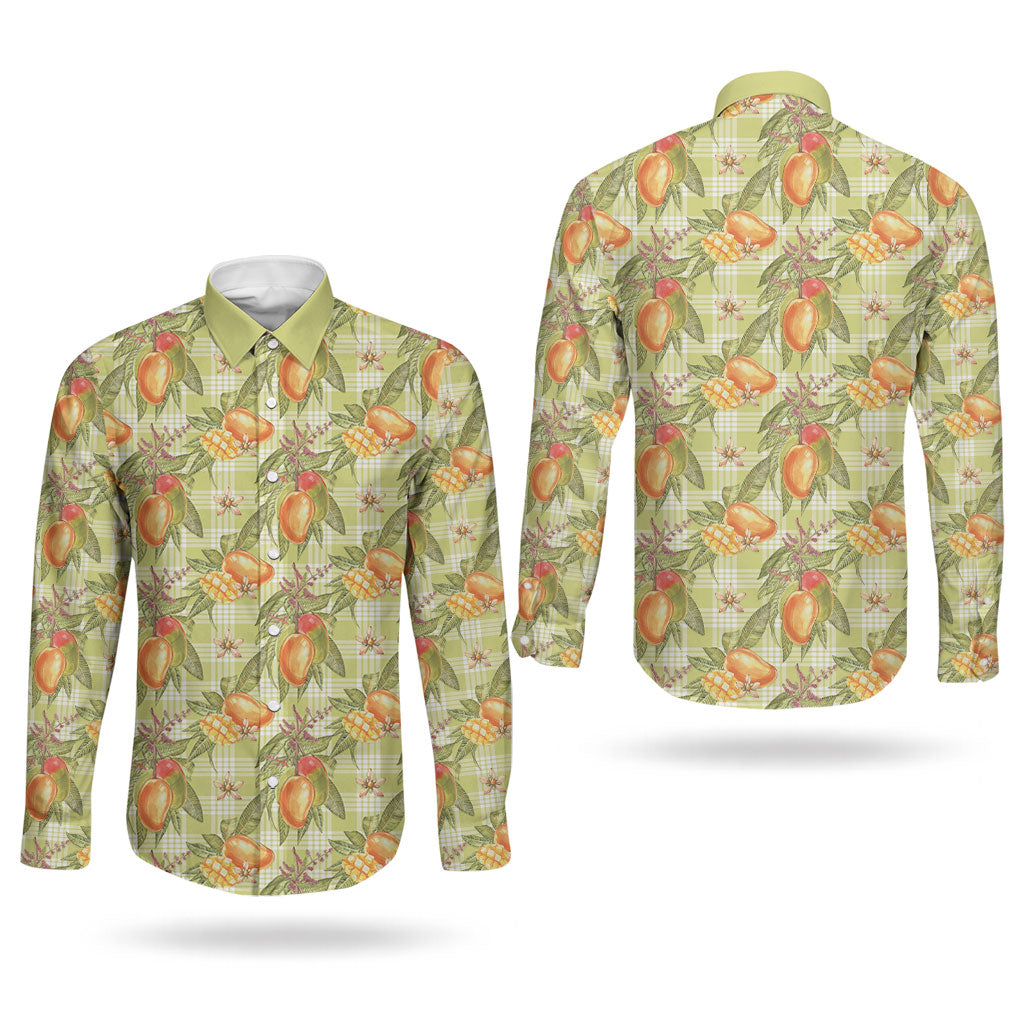 Vintage Hawaii Mango Couples Matching Mermaid Dress and Long Sleeve Button Shirt Yellow Green Hawaiian Palaka