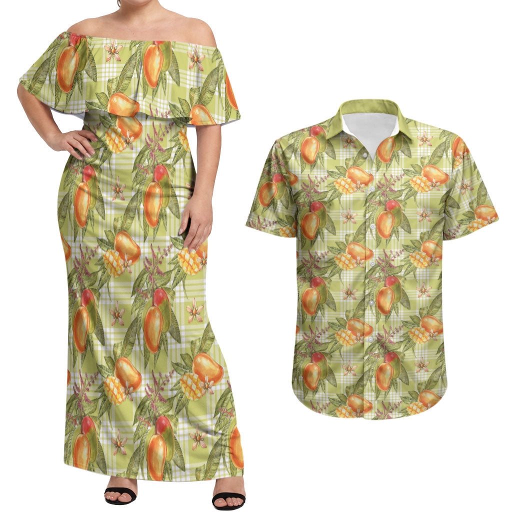Vintage Hawaii Mango Couples Matching Off Shoulder Maxi Dress and Hawaiian Shirt Yellow Green Hawaiian Palaka