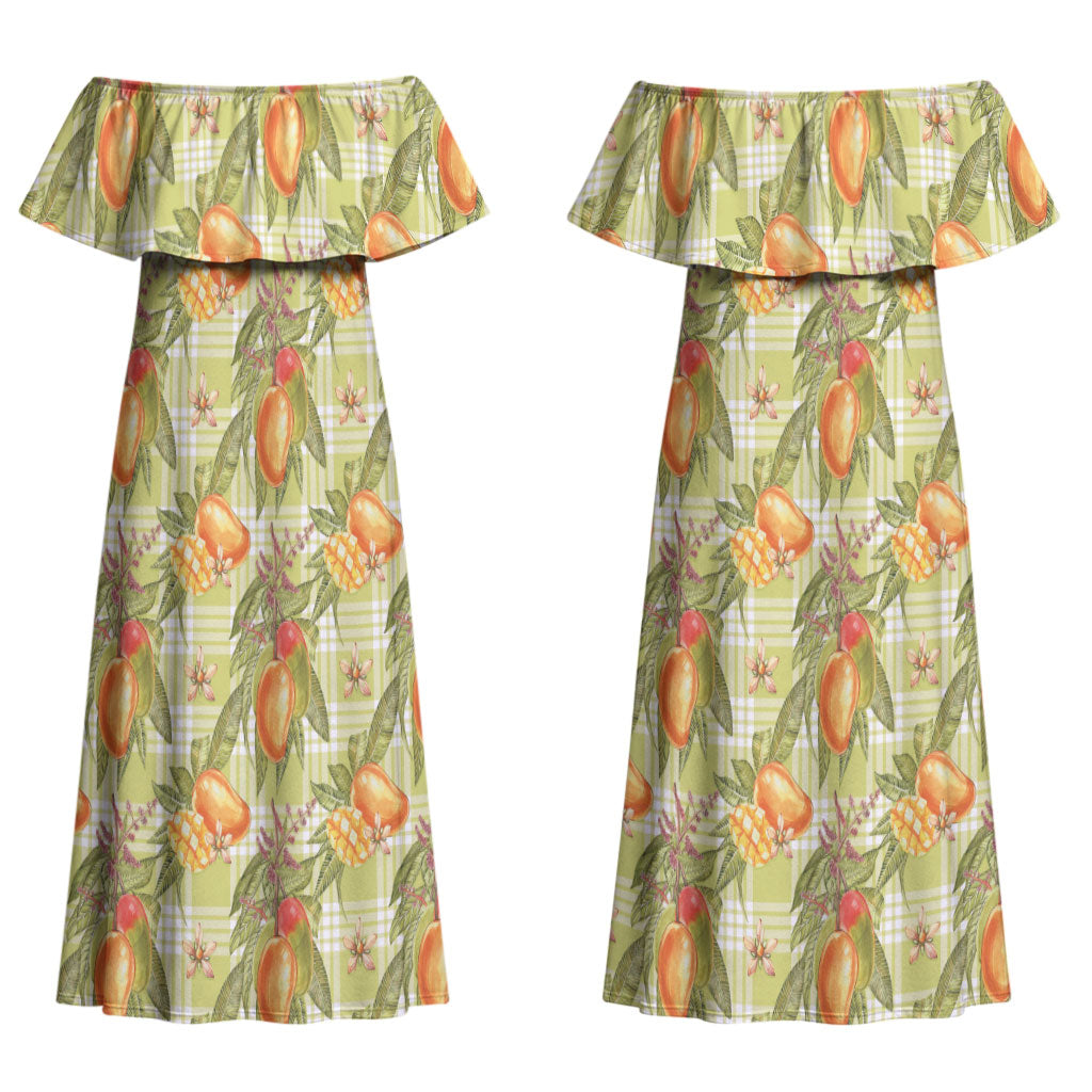 Vintage Hawaii Mango Couples Matching Off Shoulder Maxi Dress and Hawaiian Shirt Yellow Green Hawaiian Palaka