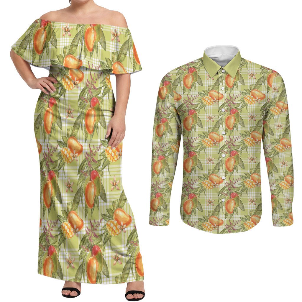 Vintage Hawaii Mango Couples Matching Off Shoulder Maxi Dress and Long Sleeve Button Shirt Yellow Green Hawaiian Palaka