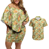 Vintage Hawaii Mango Couples Matching Off Shoulder Short Dress and Hawaiian Shirt Yellow Green Hawaiian Palaka