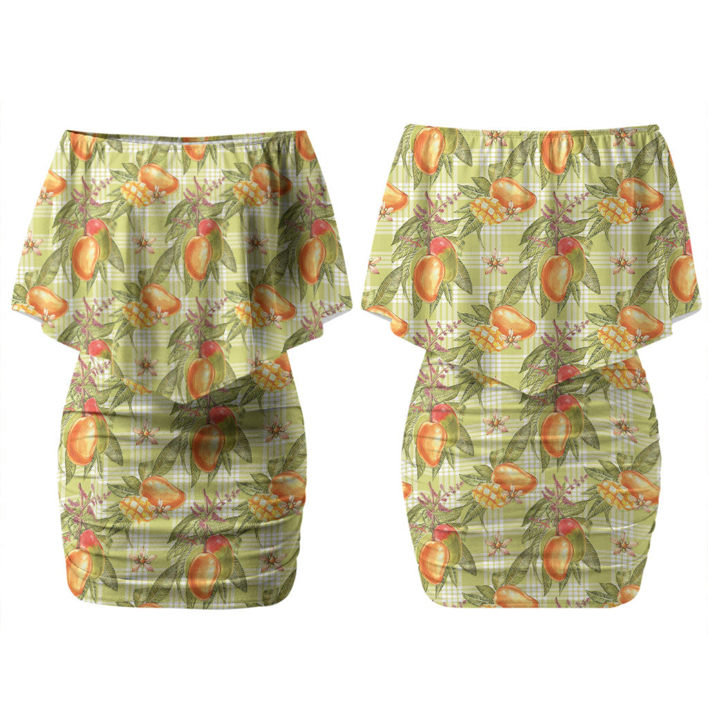 Vintage Hawaii Mango Couples Matching Off Shoulder Short Dress and Long Sleeve Button Shirt Yellow Green Hawaiian Palaka