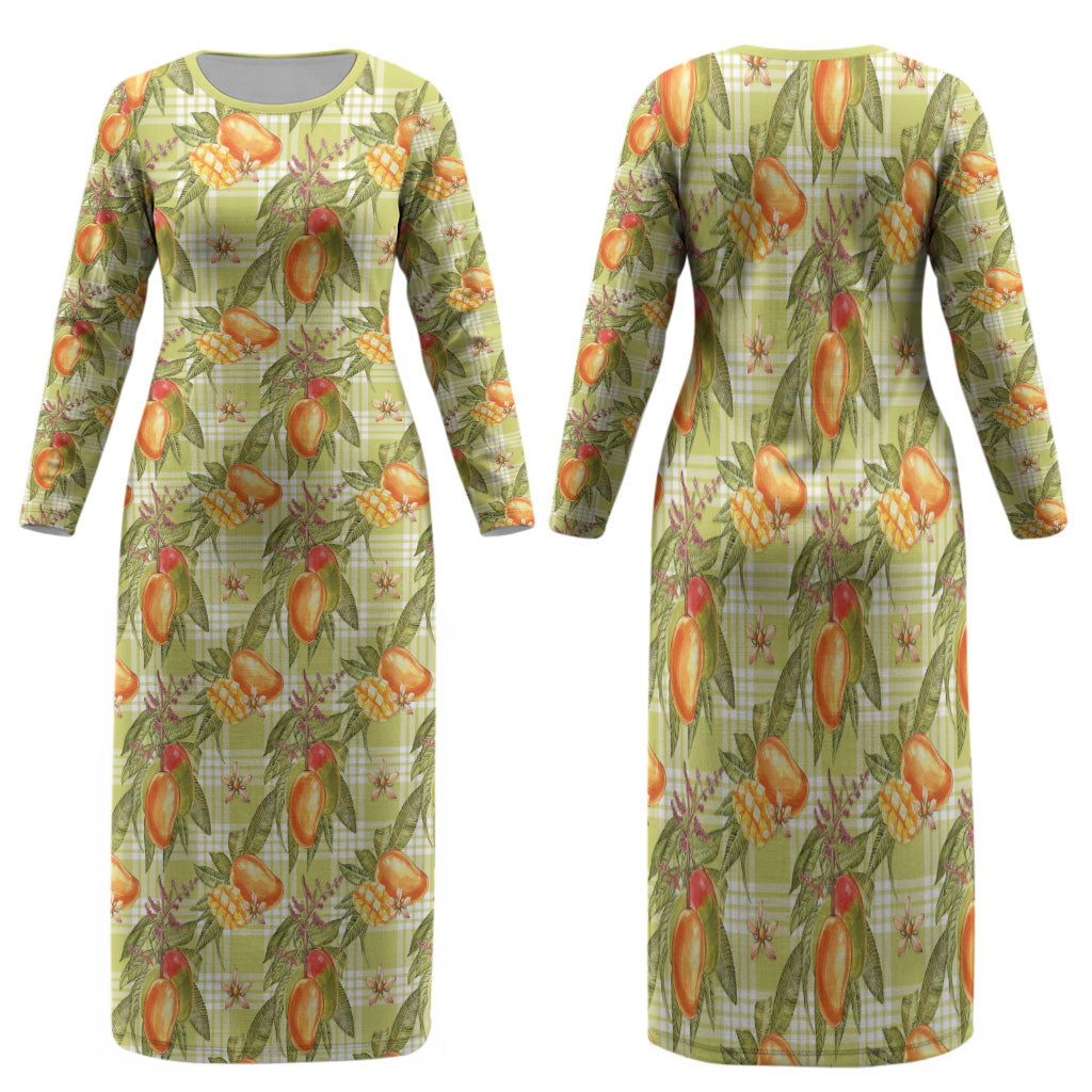 Vintage Hawaii Mango Family Matching Long Sleeve Bodycon Dress and Hawaiian Shirt Yellow Green Hawaiian Palaka