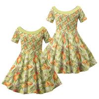 Vintage Hawaii Mango Family Matching Long Sleeve Bodycon Dress and Hawaiian Shirt Yellow Green Hawaiian Palaka