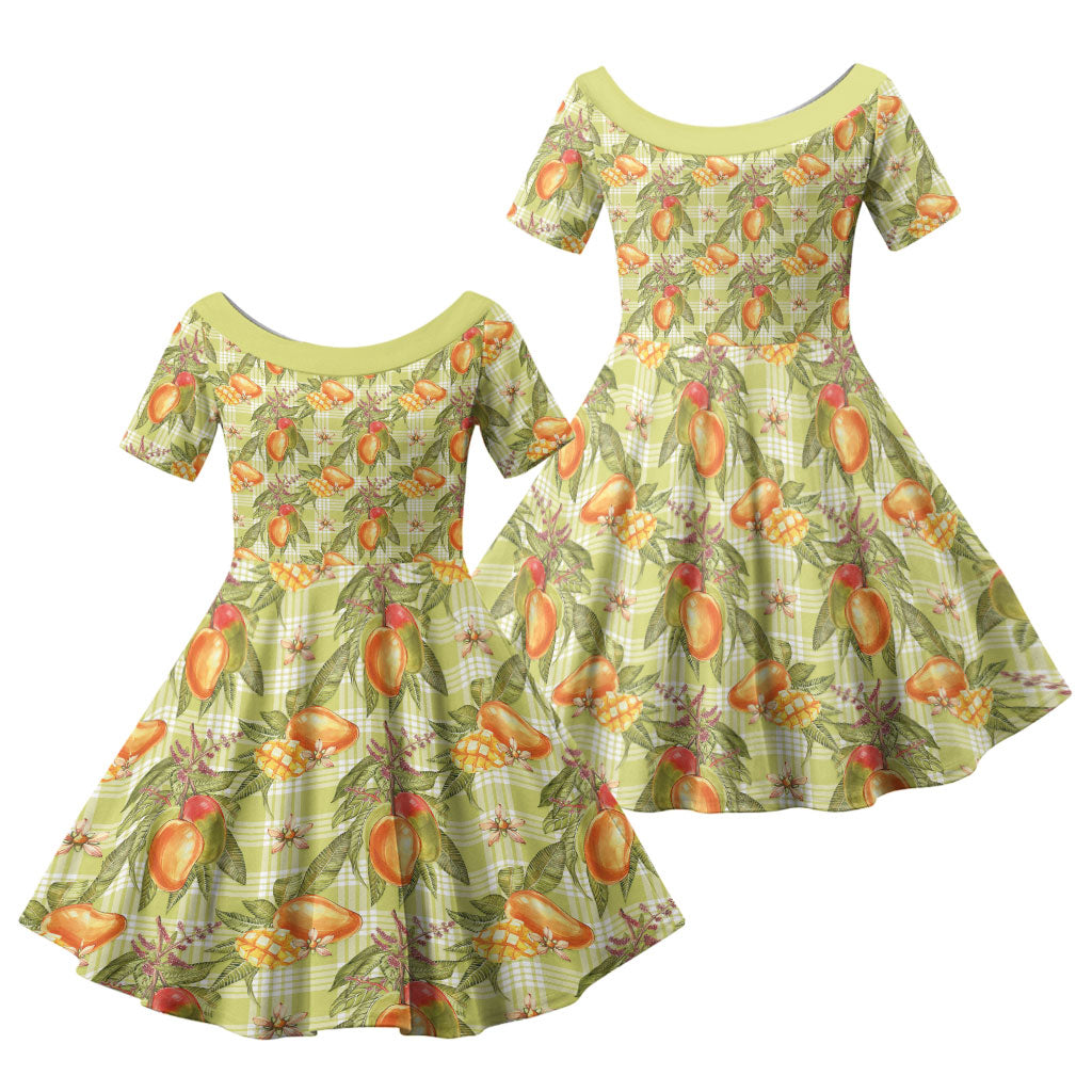 Vintage Hawaii Mango Family Matching Off Shoulder Short Dress and Hawaiian Shirt Yellow Green Hawaiian Palaka
