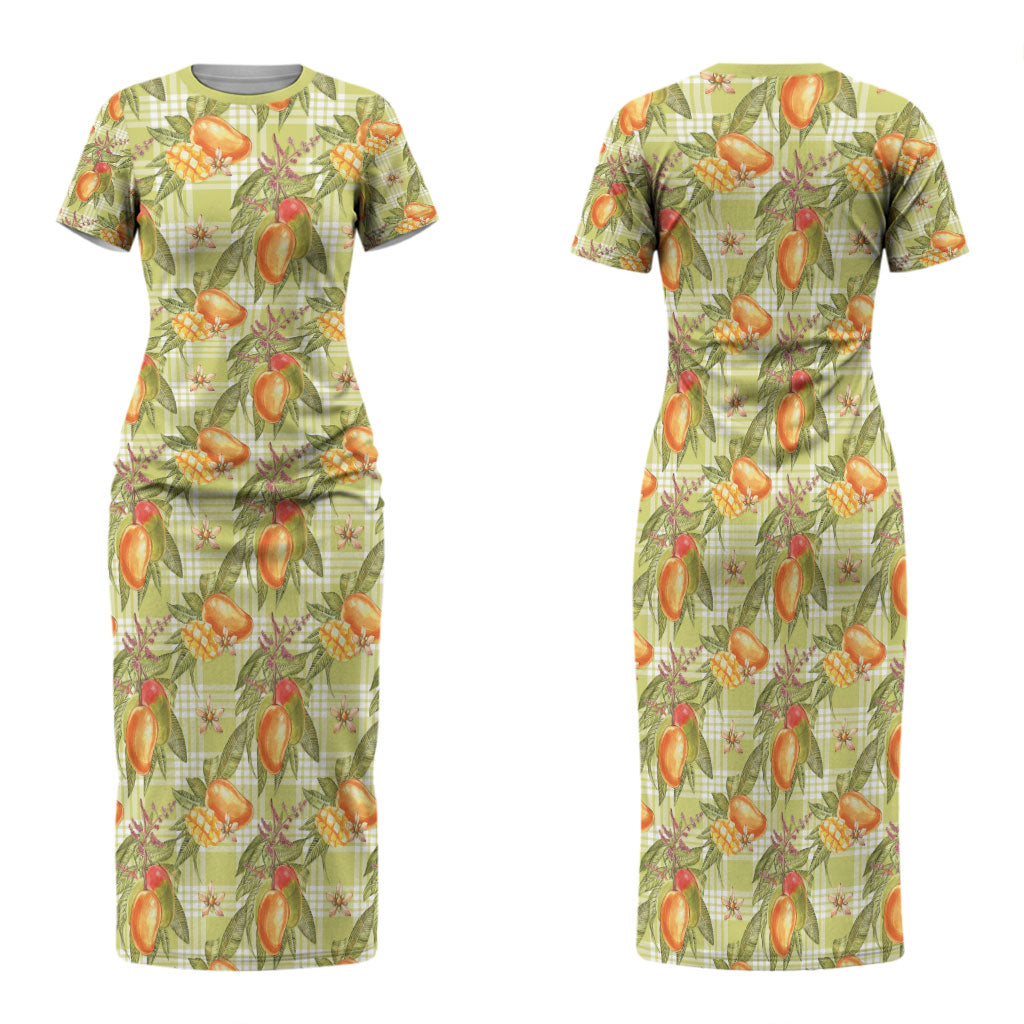 Vintage Hawaii Mango Family Matching Short Sleeve Bodycon Dress and Hawaiian Shirt Yellow Green Hawaiian Palaka