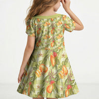 Vintage Hawaii Mango Kid Short Sleeve Dress Yellow Green Hawaiian Palaka