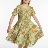 Vintage Hawaii Mango Kid Short Sleeve Dress Yellow Green Hawaiian Palaka