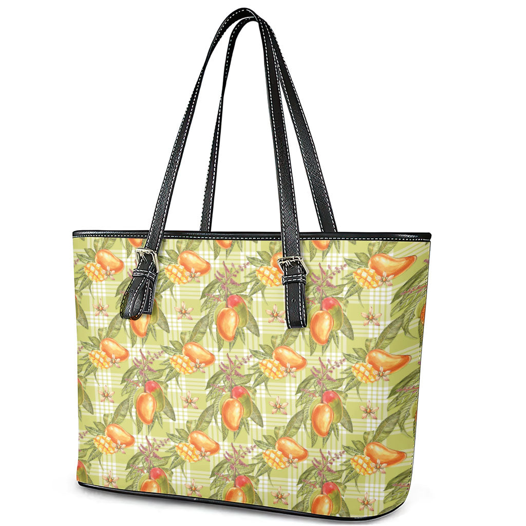 Vintage Hawaii Mango Leather Tote Bag Yellow Green Hawaiian Palaka