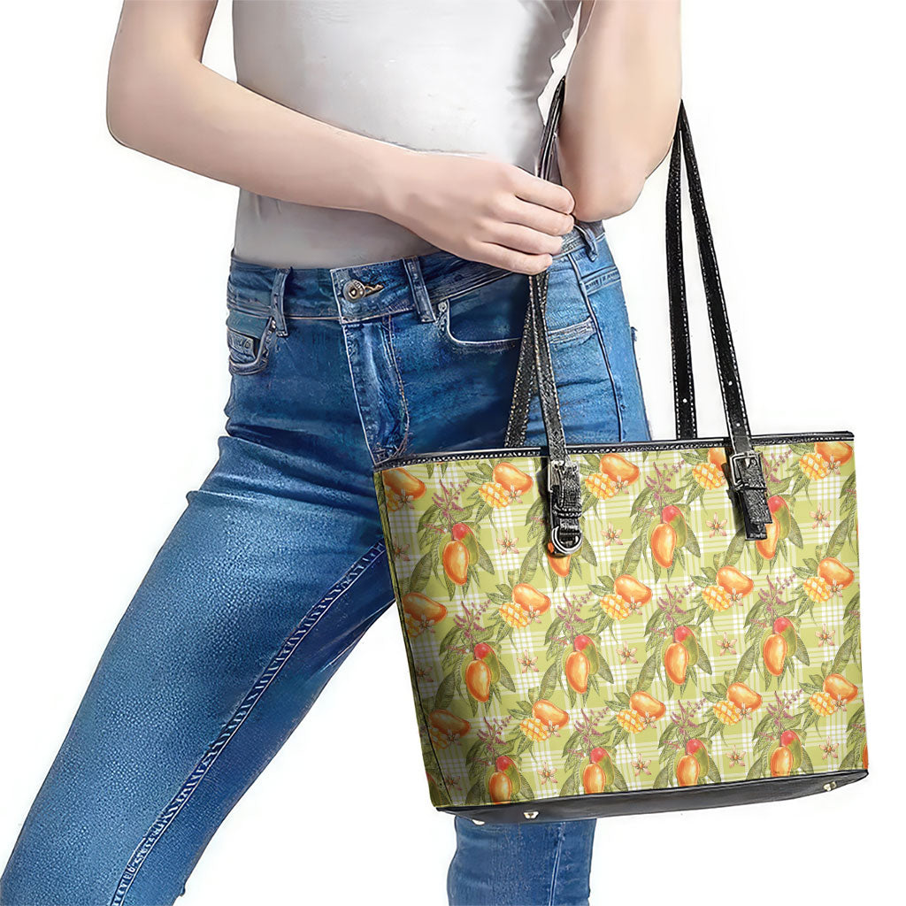 Vintage Hawaii Mango Leather Tote Bag Yellow Green Hawaiian Palaka