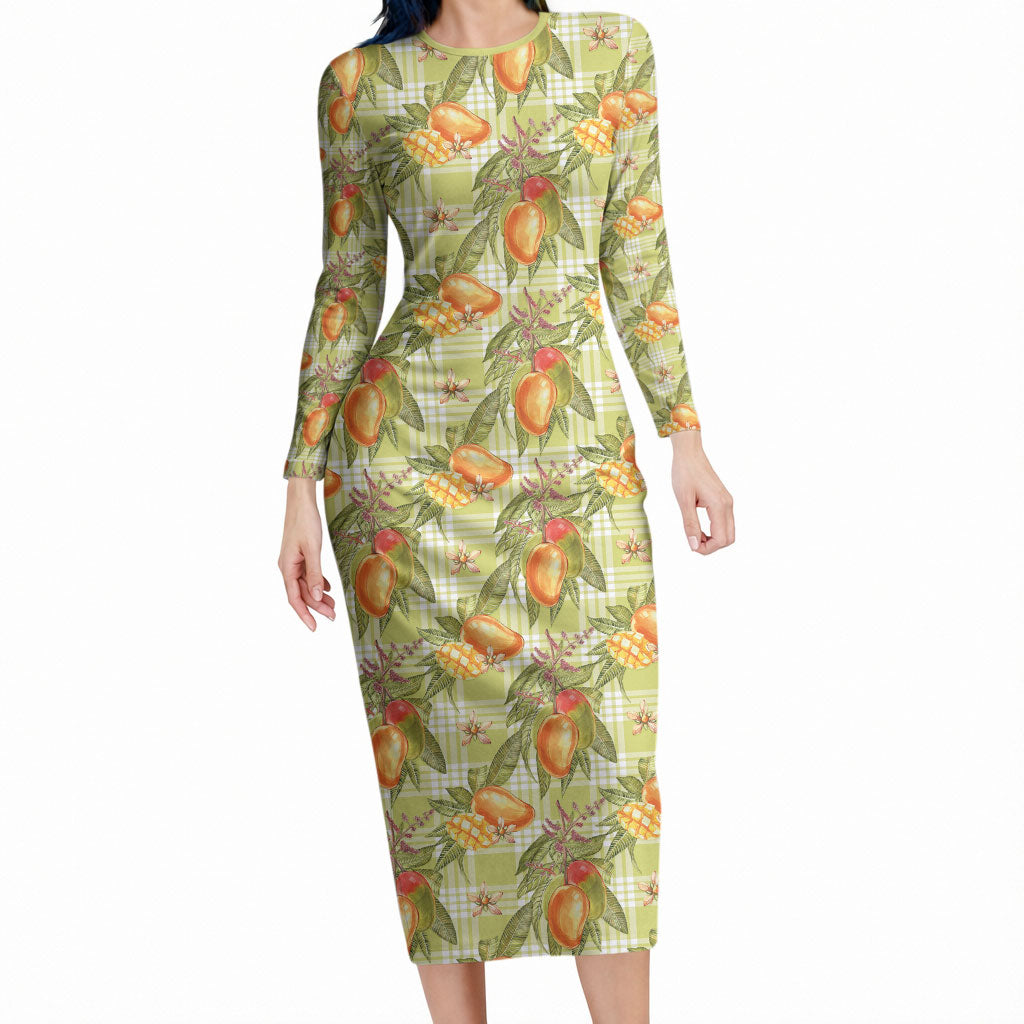 Vintage Hawaii Mango Long Sleeve Bodycon Dress Yellow Green Hawaiian Palaka