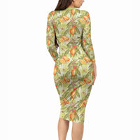 Vintage Hawaii Mango Long Sleeve Bodycon Dress Yellow Green Hawaiian Palaka